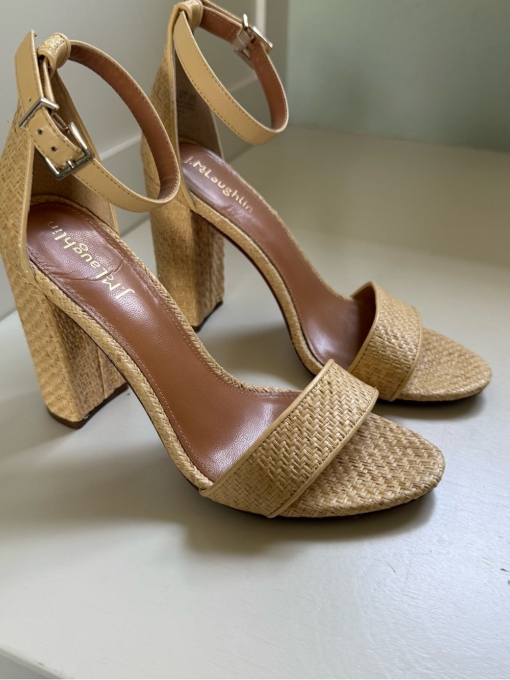 J. McLaughlin woven raffia Ankle-Strap Block Heels